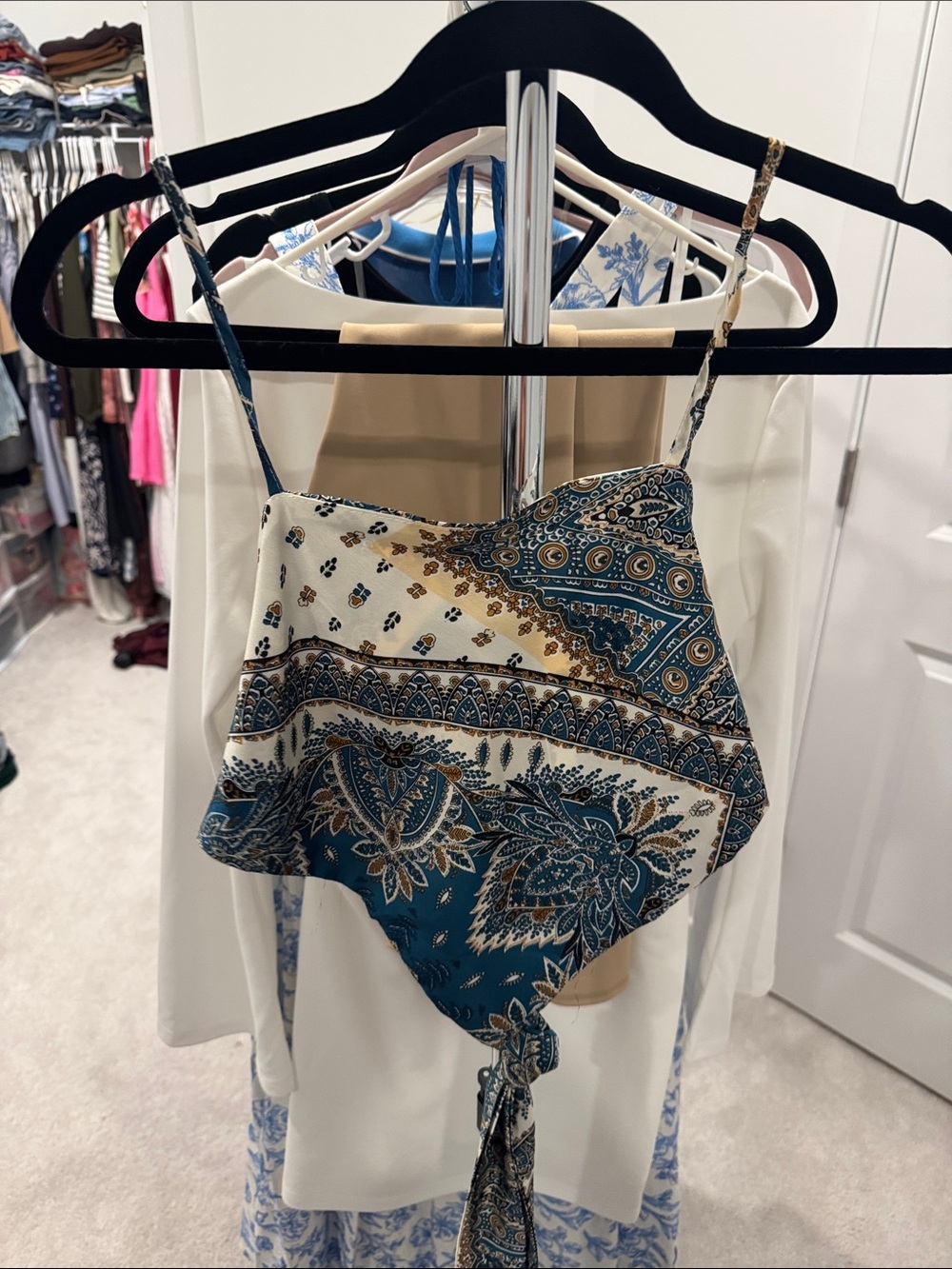 Boho Paisley Tie-Front Cami Top - Teal/White